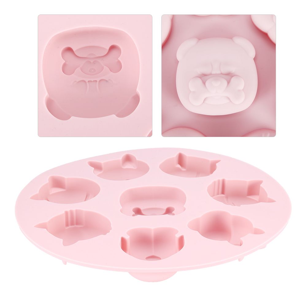 Pink silicone mold featuring cartoon animal shapes, ideal for baking, chocolates, or cake decorating for kids and babies.