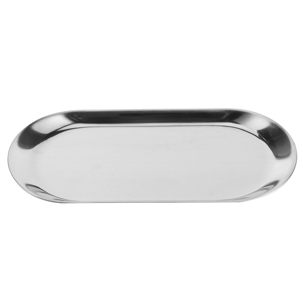 Five silver stainless steel oval-shaped jewelry and towel storage trays, ideal for organizing cosmetics and accessories.