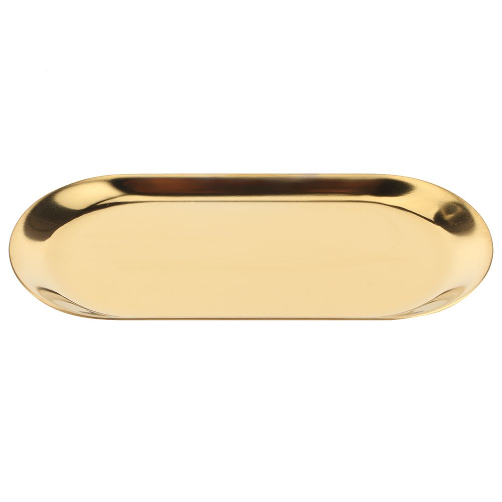 Five gold stainless steel oval-shaped towel and jewelry storage trays, ideal for organizing baby nursing and feeding essentials.
