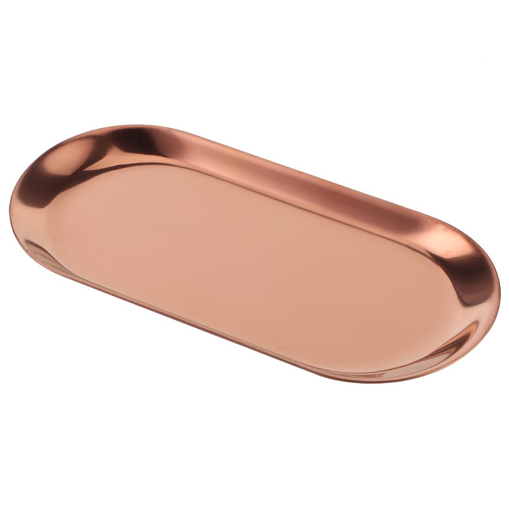 Set of 5 rose gold stainless steel oval-shaped towel trays for cosmetics, jewelry, and jewelry storage organizer.