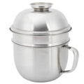 Stainless steel double-layer lunch box with lid, designed for kids, featuring a fast food bowl and instant noodle soup cup for pretend play.