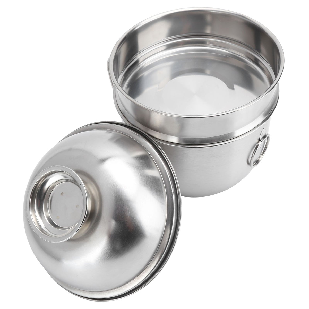 Stainless steel double-layer lunch box with lid, designed for kids' pretend play food and soup scenarios, by Everything Baby.