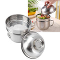 Stainless steel double-layer lunch box with lid, designed for kids, featuring a fast food bowl and instant noodle soup cup.