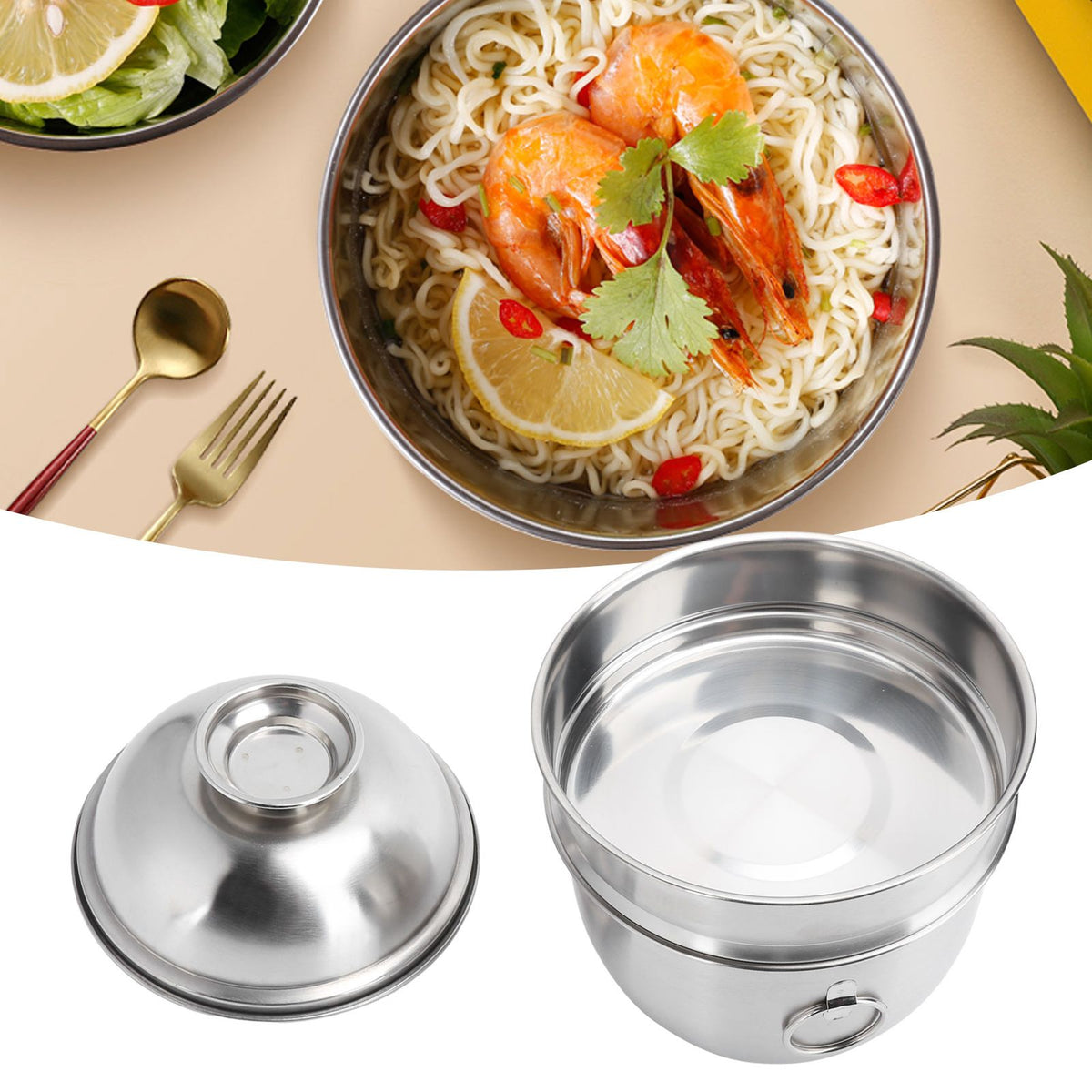 Stainless steel double-layer lunch box with lid, designed for kids, featuring a fast food bowl and instant noodle soup cup for pretend play