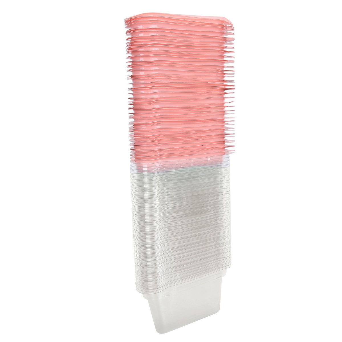 Transparent pink triangular cake holder box with 100 PET food containers for cupcakes, ideal for baby and kids nursing packaging.