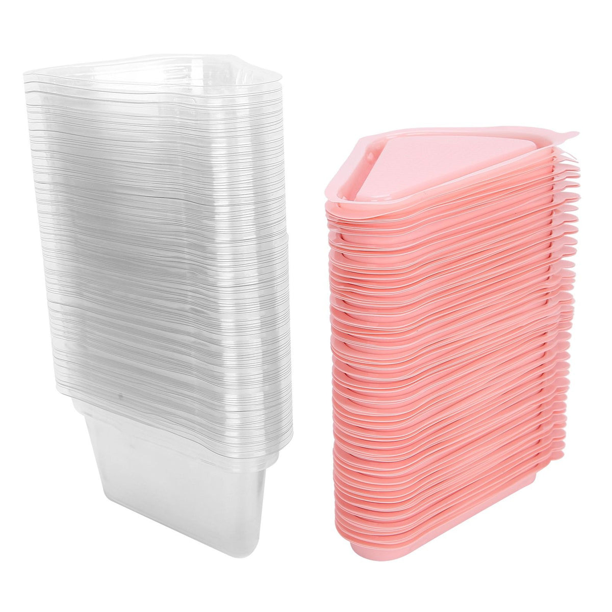 Transparent pink triangular cake holder box with 100 PET cupcake containers for baby and kids nursing and food packaging.