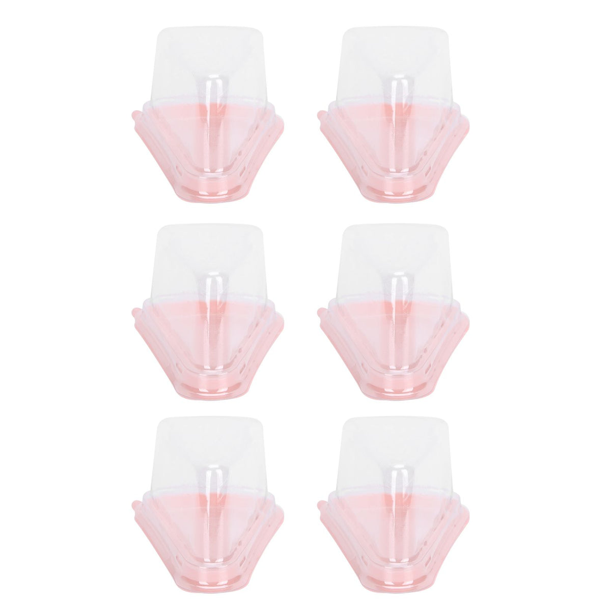 Transparent pink triangular cake holder box with 100 compartments for cupcakes, made of PET plastic, ideal for food packaging.