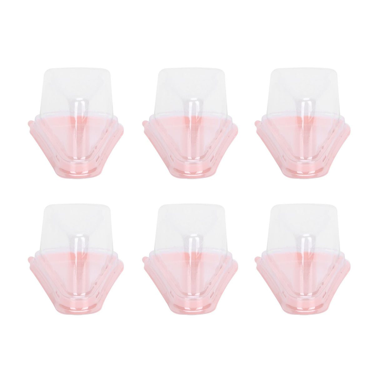 Transparent pink triangular cake holder box with 100 PET food containers for cupcakes, ideal for baby and kids feeding packaging.