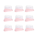Transparent pink triangular cake holder box with 100 PET food containers for cupcakes, ideal for baby and kids nursing packaging.