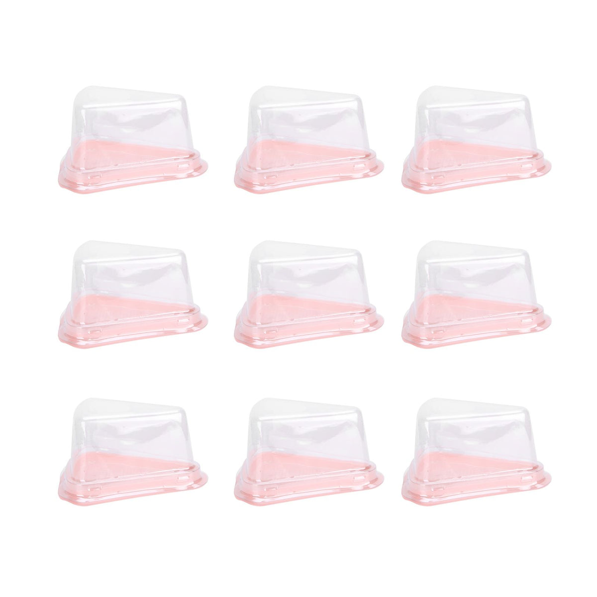 Transparent pink triangular cake holder box with 100 PET food containers for cupcakes, ideal for baby and kids nursing packaging.
