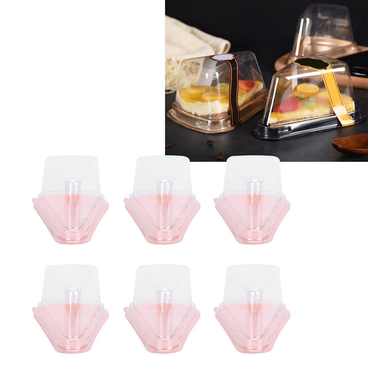 Transparent pink triangular cake holder box with 100 compartments, designed for cupcake packaging and food storage.