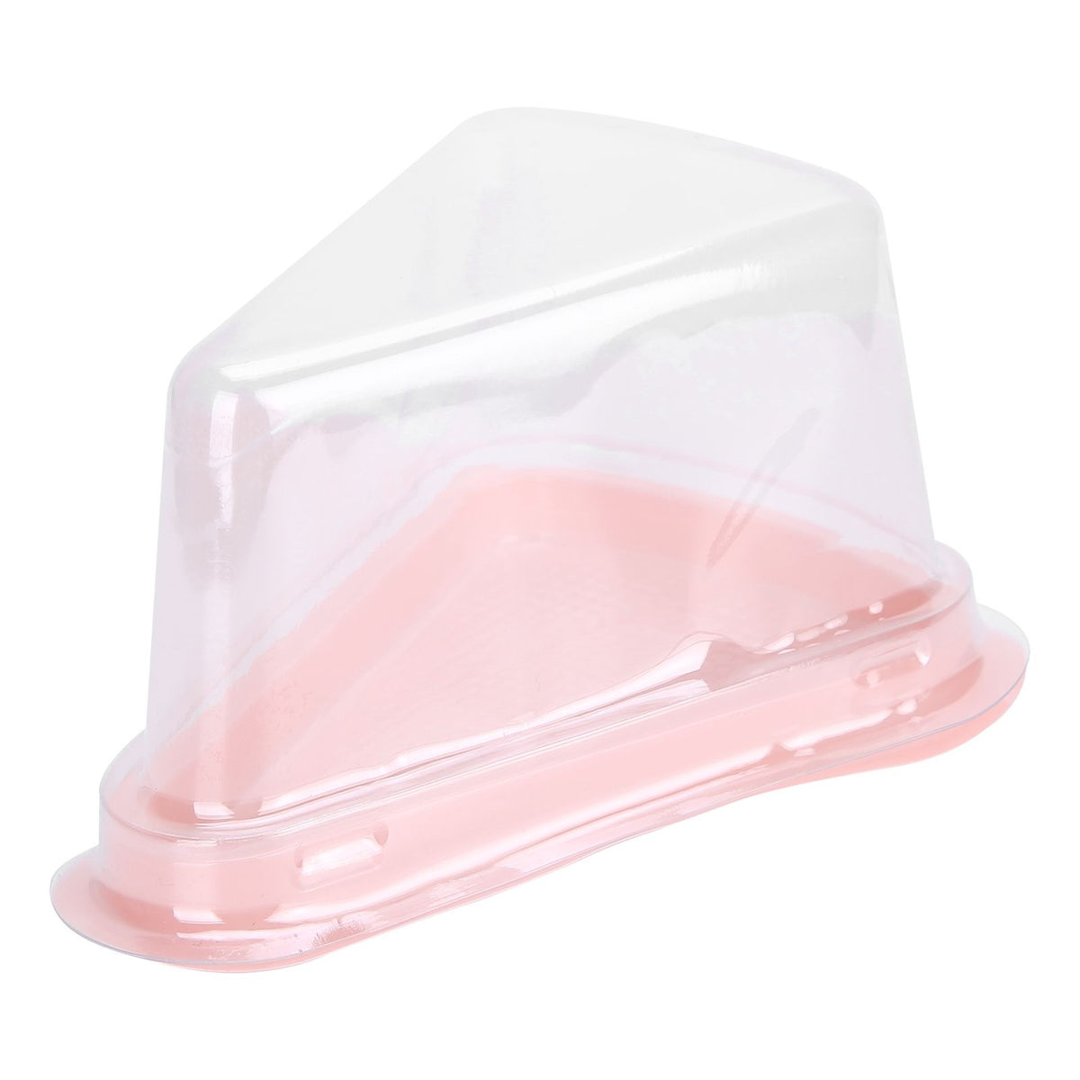 Transparent pink triangular cake holder box with 100 PET food cupcake containers, suitable for baby and kids nursing and feeding.