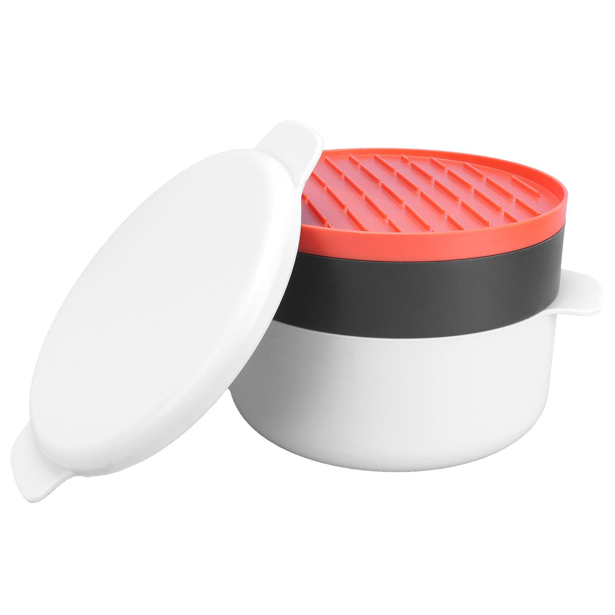 Round rice steaming box from Everything Baby, microwave-safe lunch box for kids, with colorful design and vented lid for steaming.