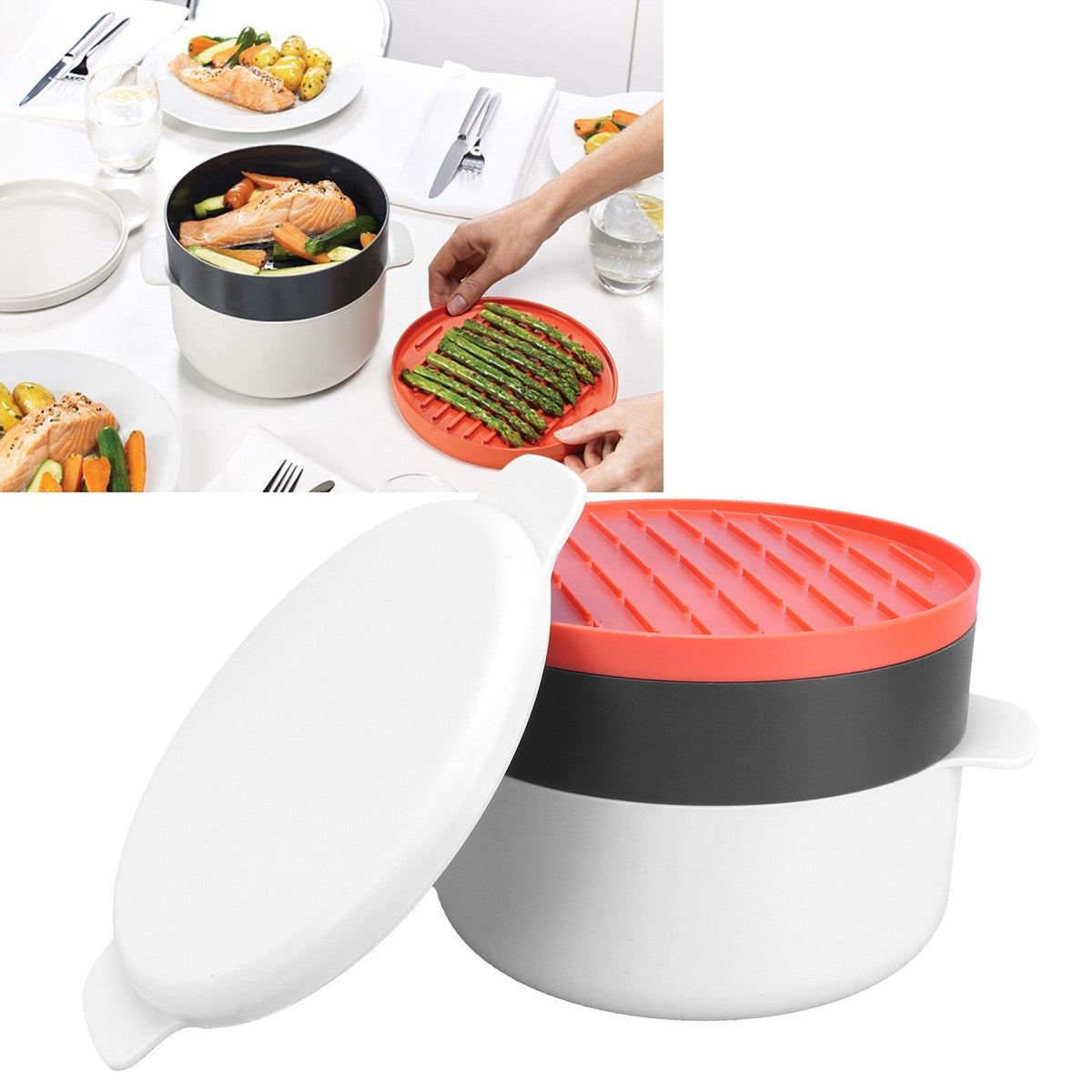 Everything Baby round rice steaming box for microwave, ideal for kids' pretend play kitchen or lunchbox use.