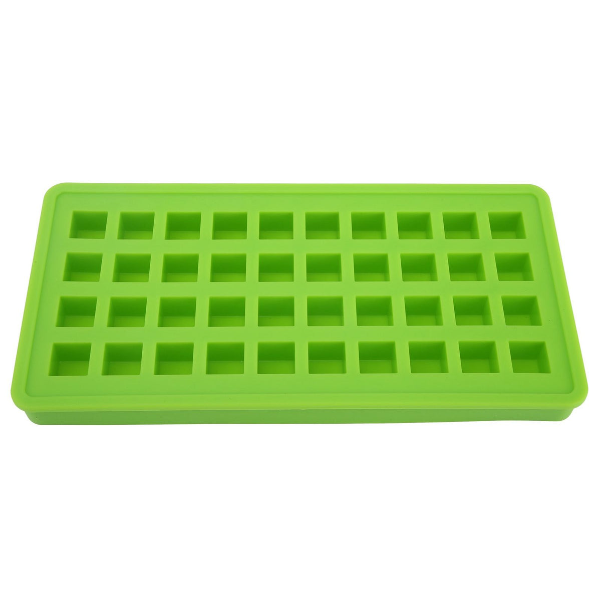Green silicone ice tray with 40 square molds for making ice cubes, ideal for kitchen and baby feeding accessories.