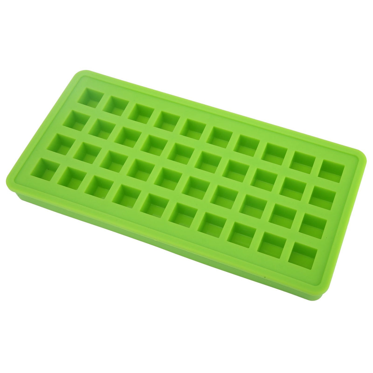 Green silicone ice tray with 40 square molds for making ice cubes, ideal for kitchen and baby feeding accessories.