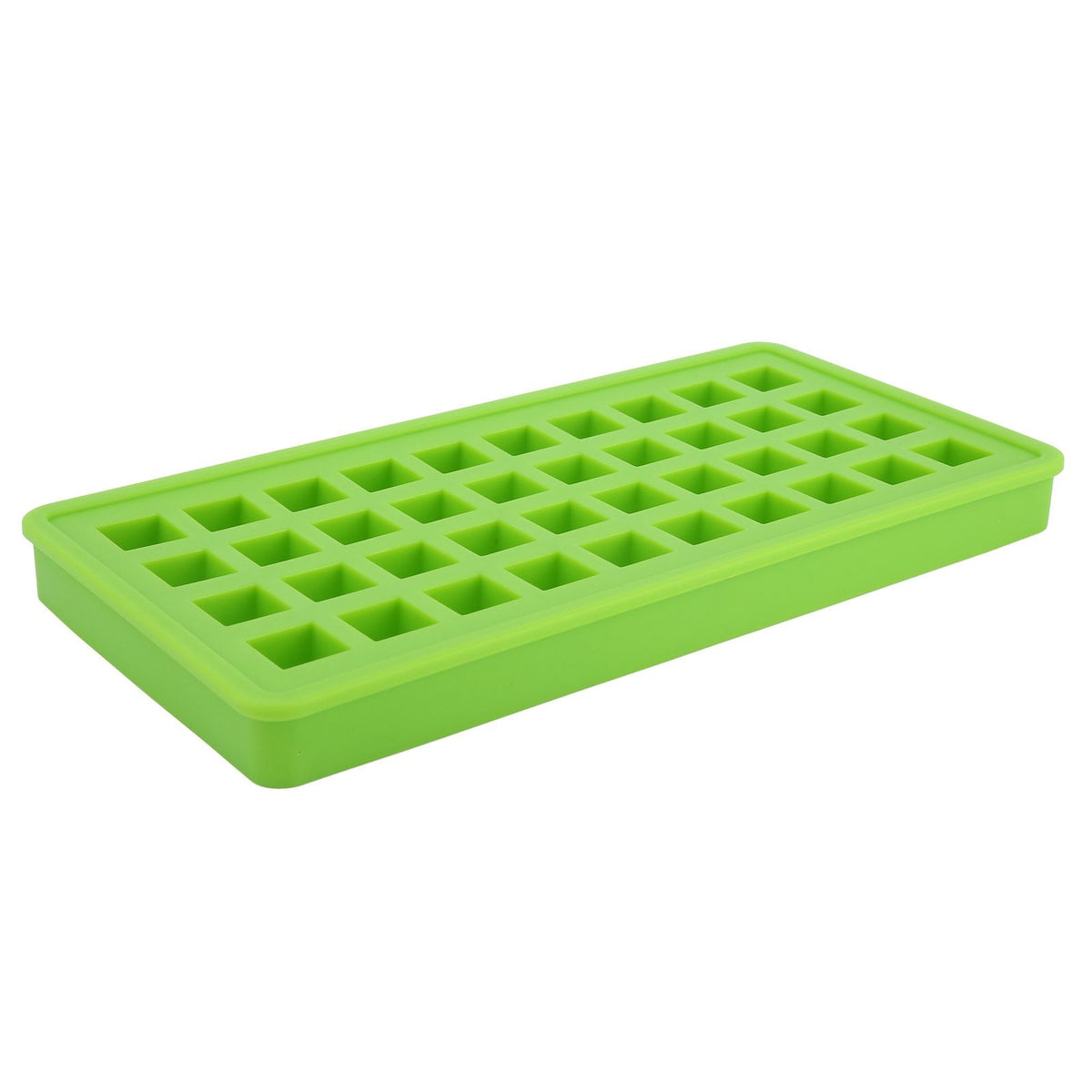 Green silicone ice tray with 40 square-shaped ice cubes, ideal for kitchen use and DIY ice making.