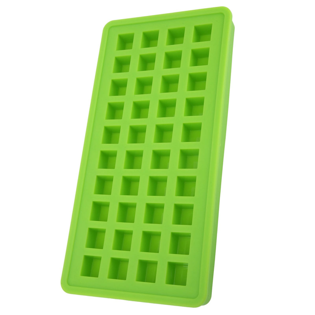 Green silicone ice tray with 40 square cubes for DIY kitchen use, ideal for baby feeding and freezing small portions.