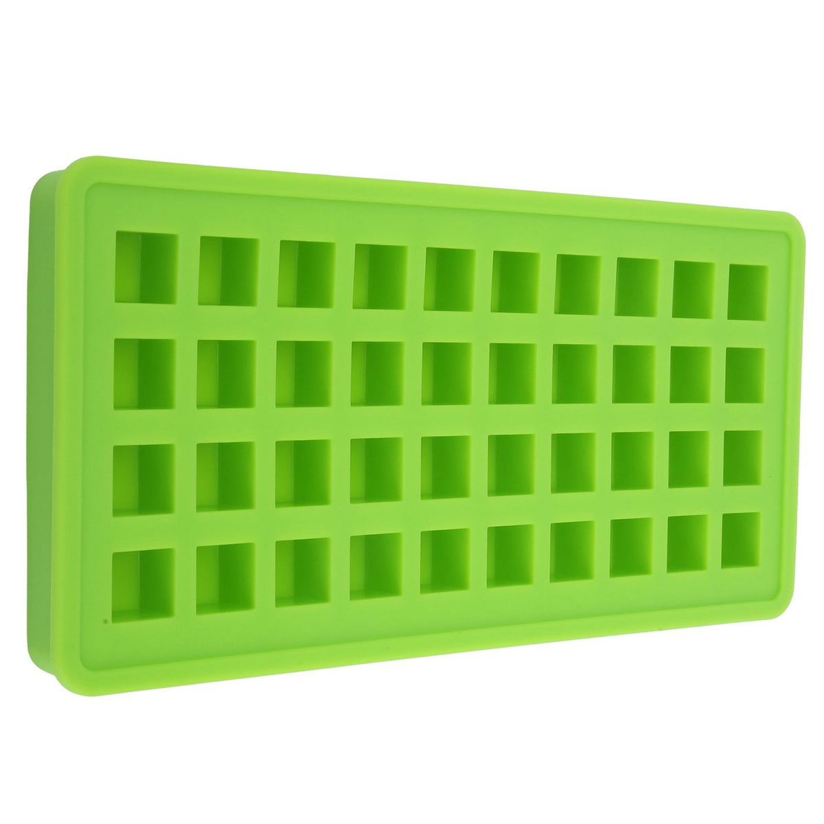 Green silicone ice tray with 40 square-shaped ice cubes, ideal for kitchen use and DIY ice making.