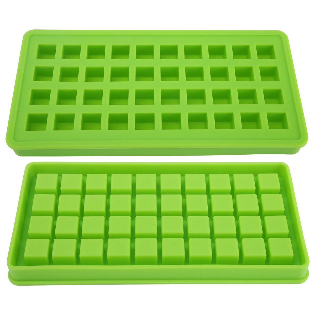 Green silicone ice tray with 40 square ice cube molds for DIY kitchen use, ideal for cooling beverages and food preparation.