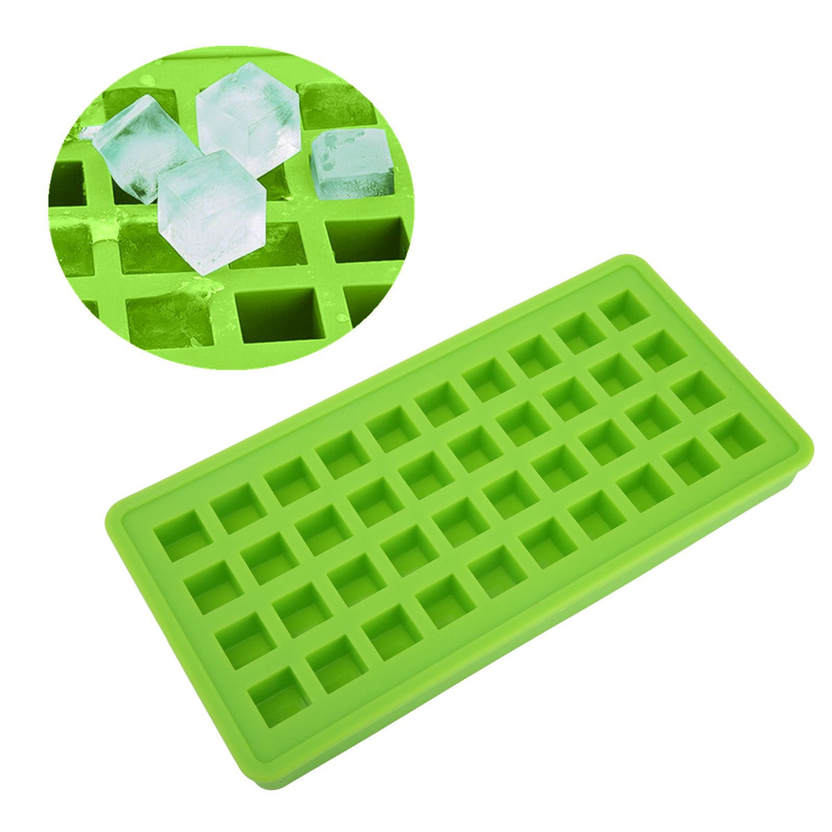 Green silicone ice tray with 40 square-shaped ice cubes for kitchen use, ideal for DIY ice-making and food storage.
