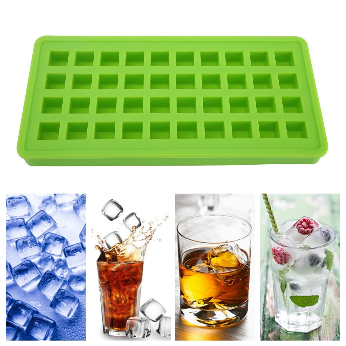 Green silicone ice tray with 40 square cubes, ideal for DIY kitchen use and food or beverage cooling.