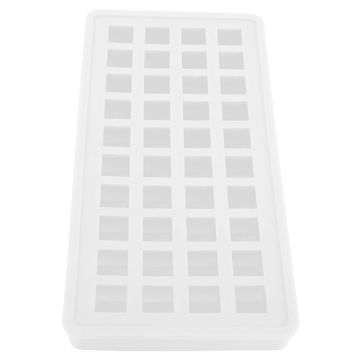 Transparent silicone ice tray with 40 square-shaped cubes, ideal for making ice for baby feeding and kitchen use.