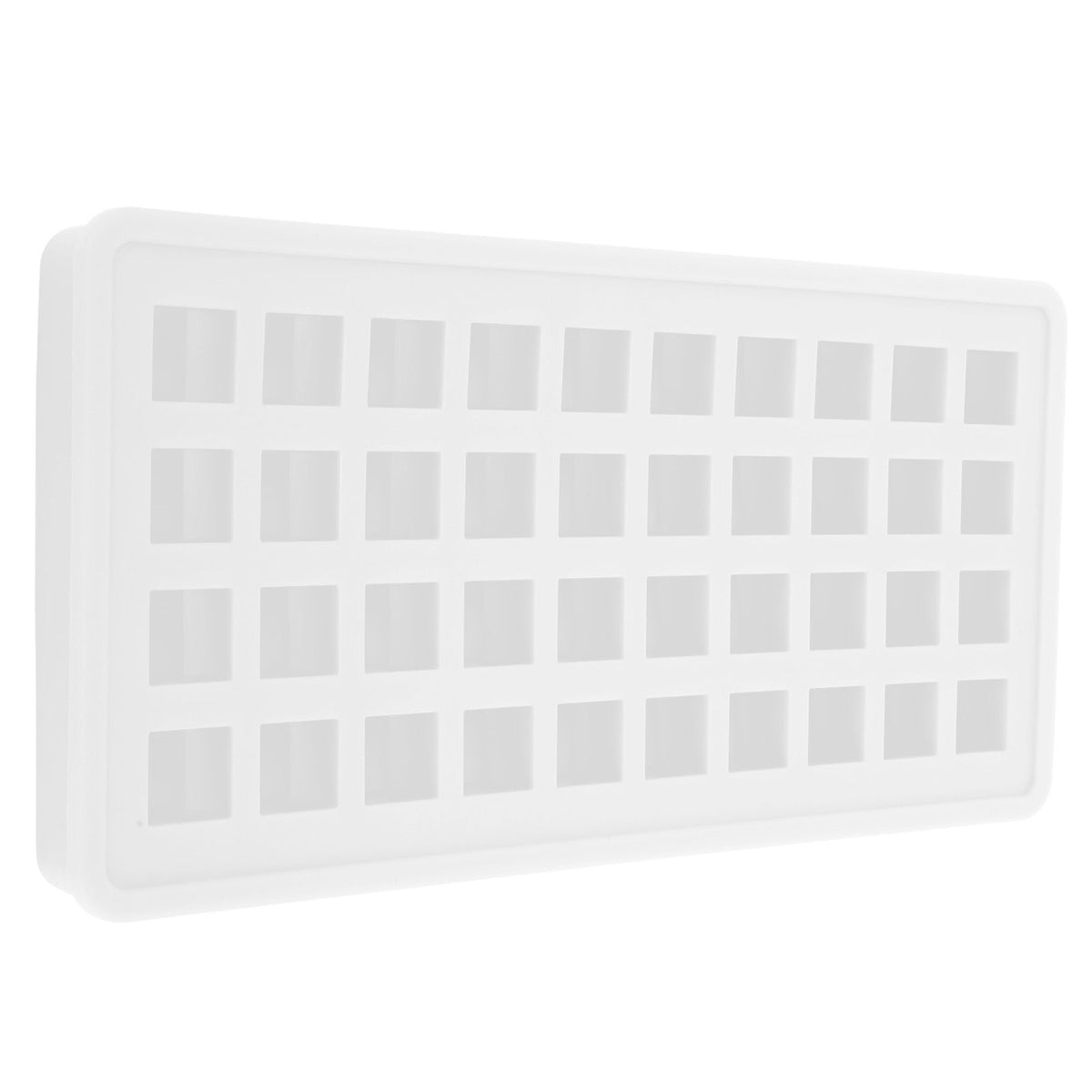 Transparent silicone ice tray with 40 square-shaped ice cubes, ideal for kitchen use and DIY ice cube making.