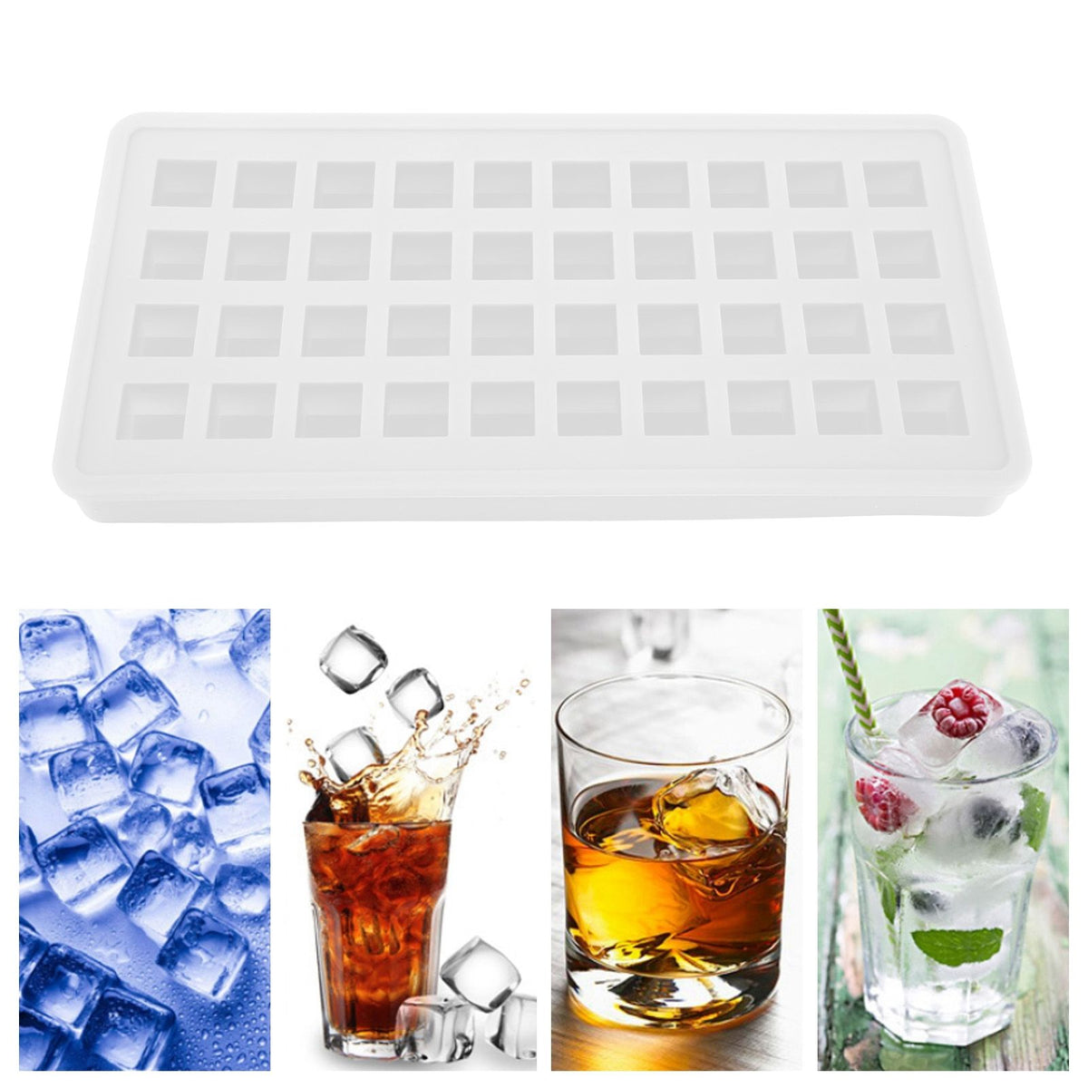 Transparent silicone ice cube tray with 40 square molds, ideal for kitchen use and DIY ice making.