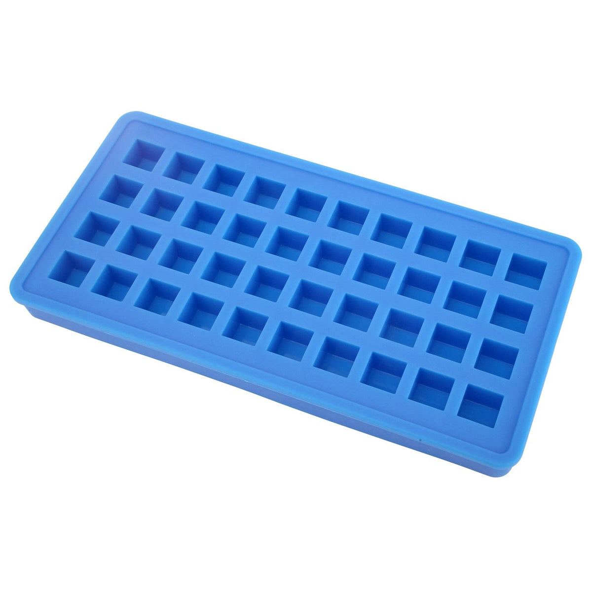 Sky blue silicone ice cube tray with 40 square molds for making ice cubes, ideal for kitchen and baby feeding accessories.