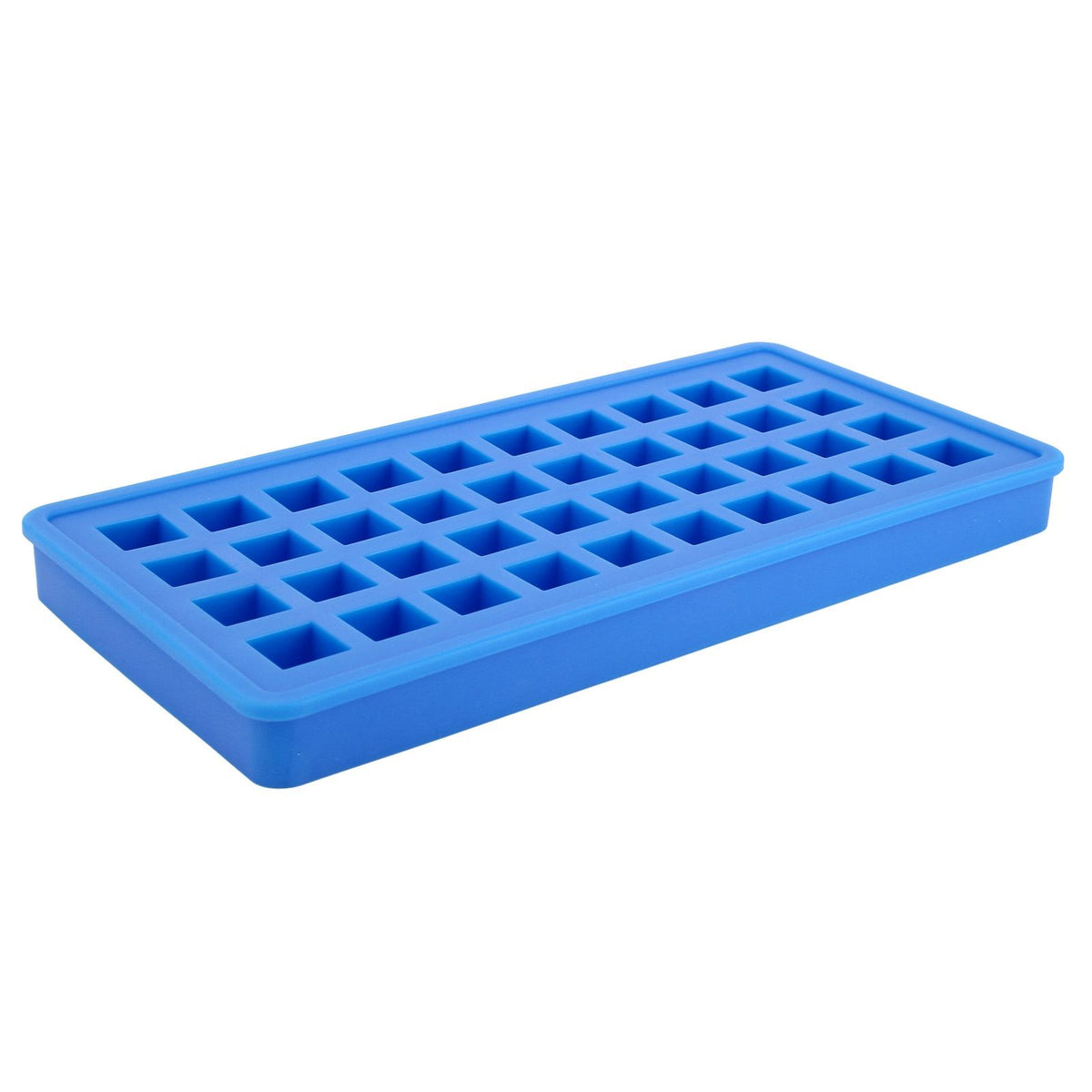 Sky blue silicone ice cube tray with 40 square molds for making ice cubes, ideal for kitchen and beverage use.