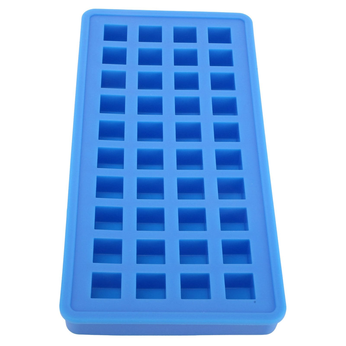 Sky blue silicone ice tray with 40 square-shaped ice cubes, ideal for kitchen use and easy to fill and clean.