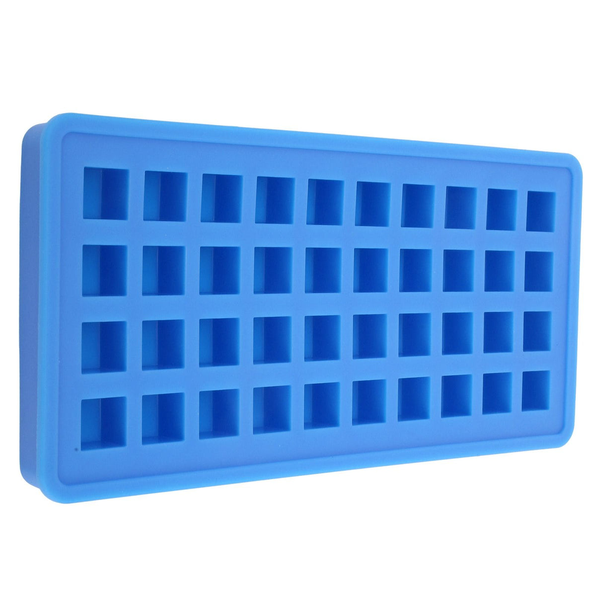 Sky blue silicone ice tray with 40 square molds for making ice cubes, ideal for kitchen use and DIY ice cube projects.