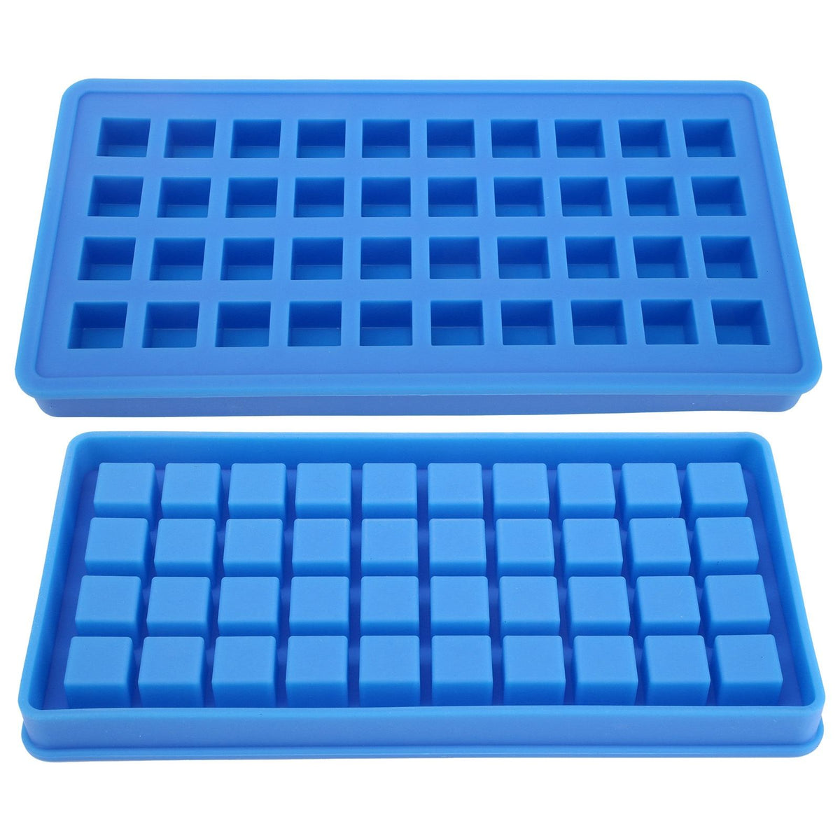 Sky blue 40-grid silicone ice cube tray with square molds, ideal for DIY kitchen use and baby feeding accessories.