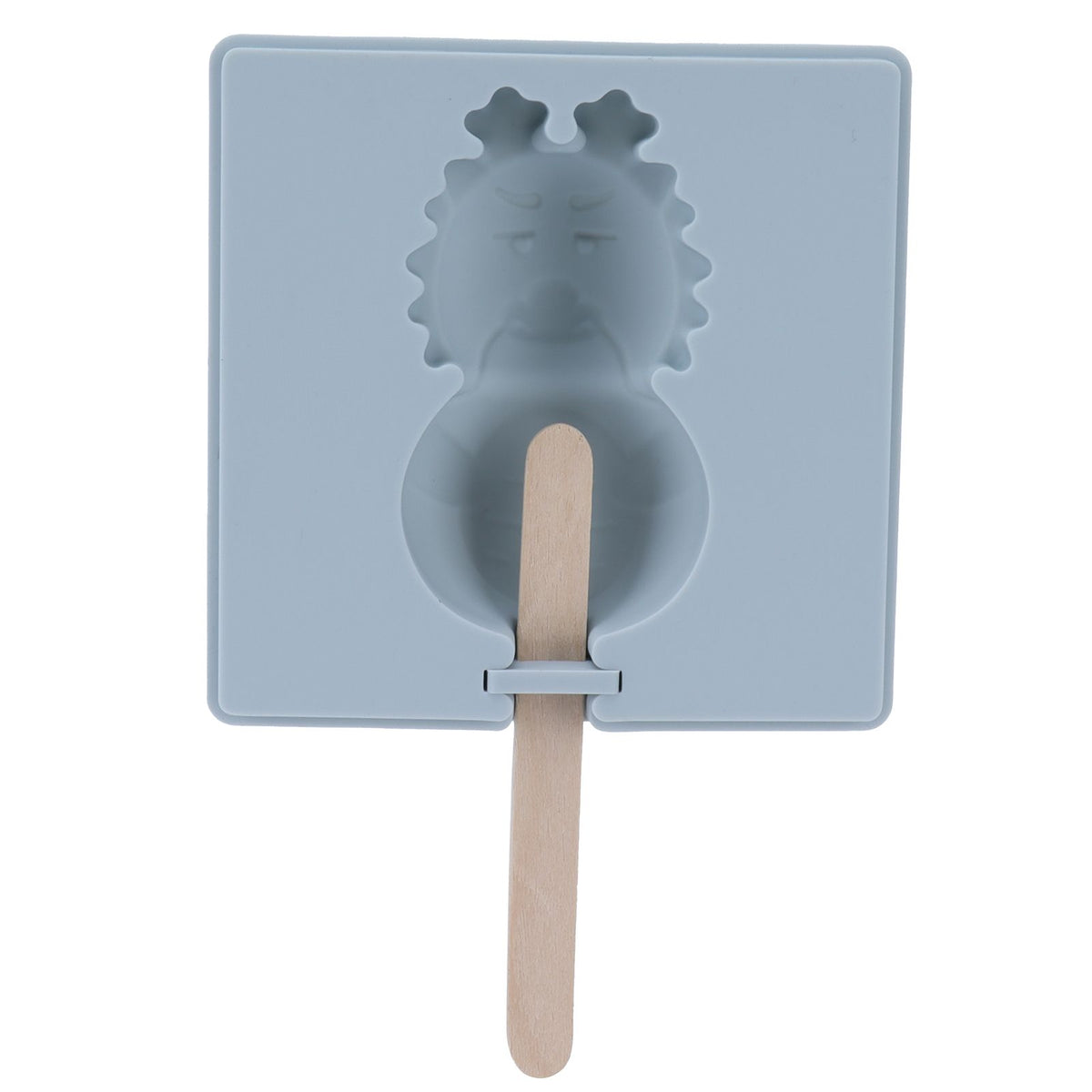 Grey silicone ice cream mold with lid and wooden stick, featuring cartoon cute designs for homemade pretend play with kids.