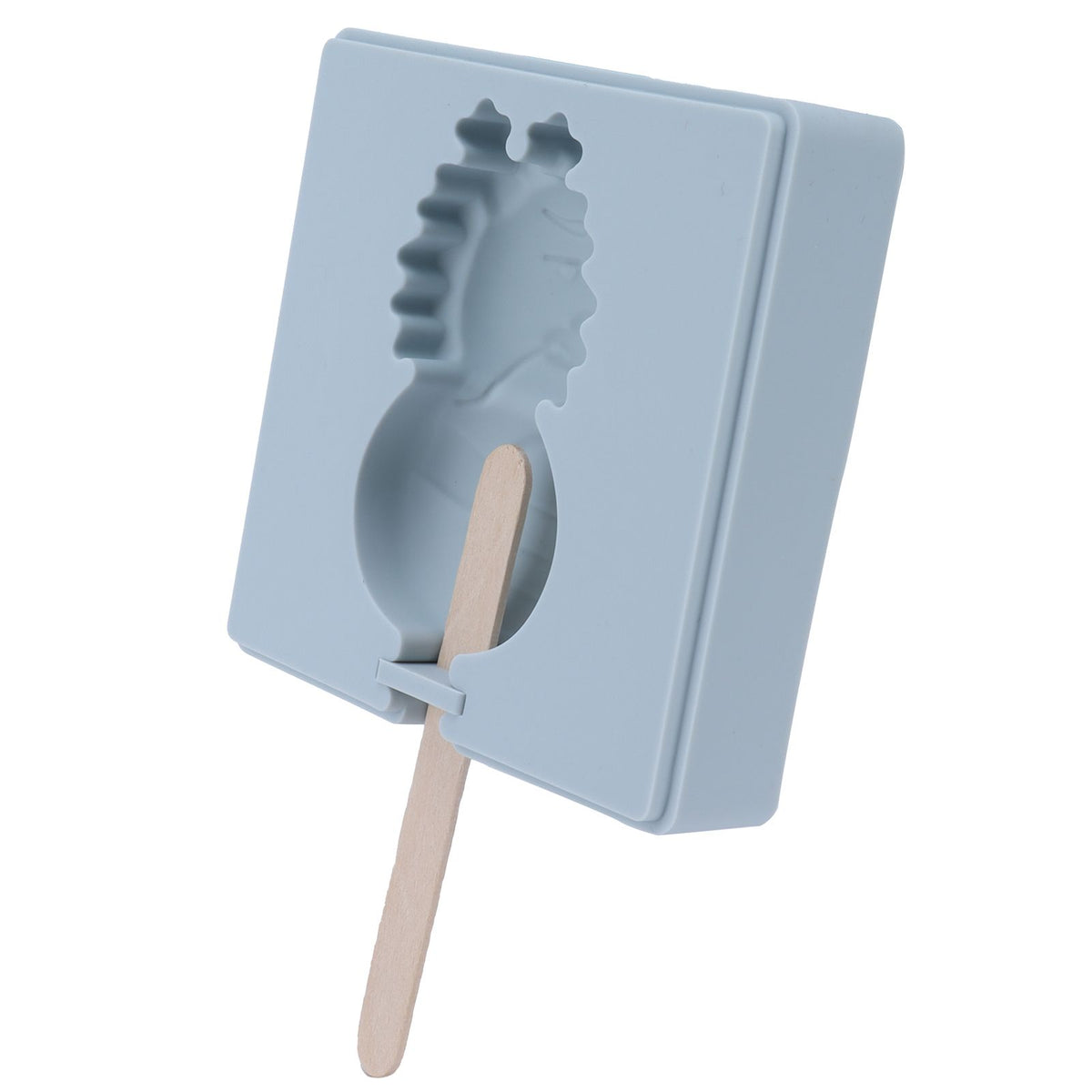 Grey silicone cartoon ice cream mold with lid and wooden sticks for homemade pretend play, suitable for kids' toy and kitchen use.
