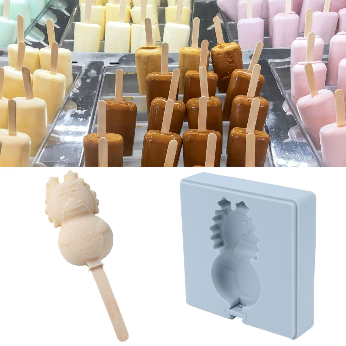 Grey silicone cartoon ice cream mold with lid and wooden sticks for homemade pretend play, ideal for kids' toy kitchen fun.