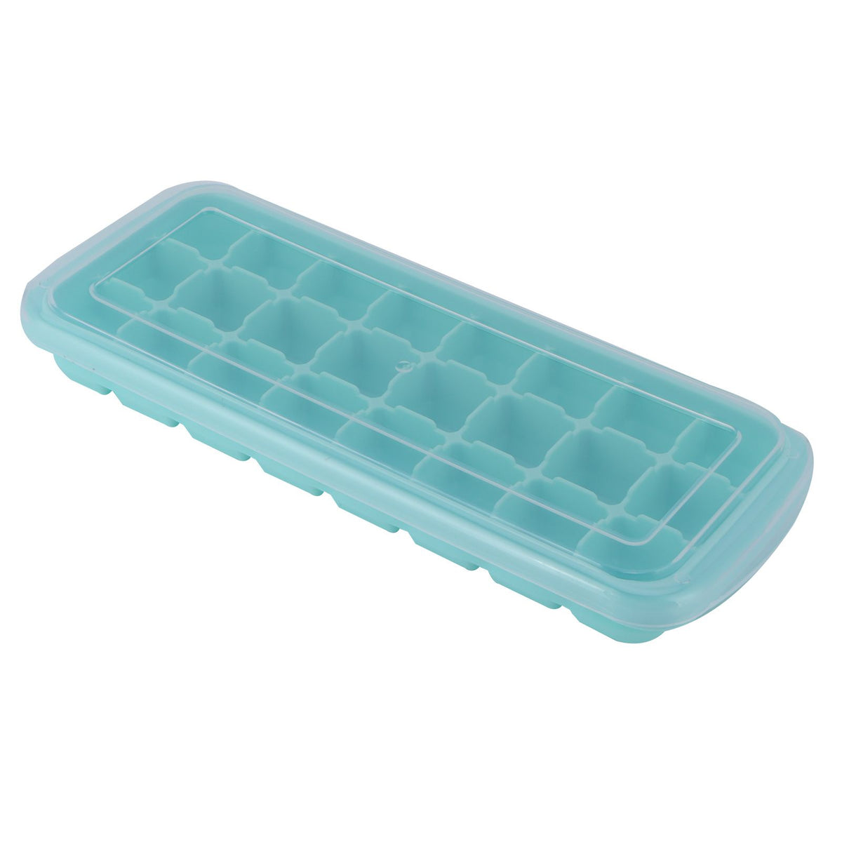 Green silicone ice tray with 24 grid cubes and PP lid, ideal for pretend play in kids’ kitchen and toy set.