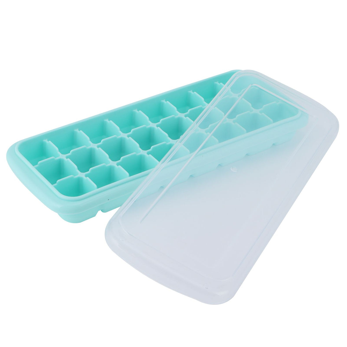 Green silicone ice tray with 24 small cubes and PP lid, designed for pretend play in a baby and kids' toy kitchen setting.