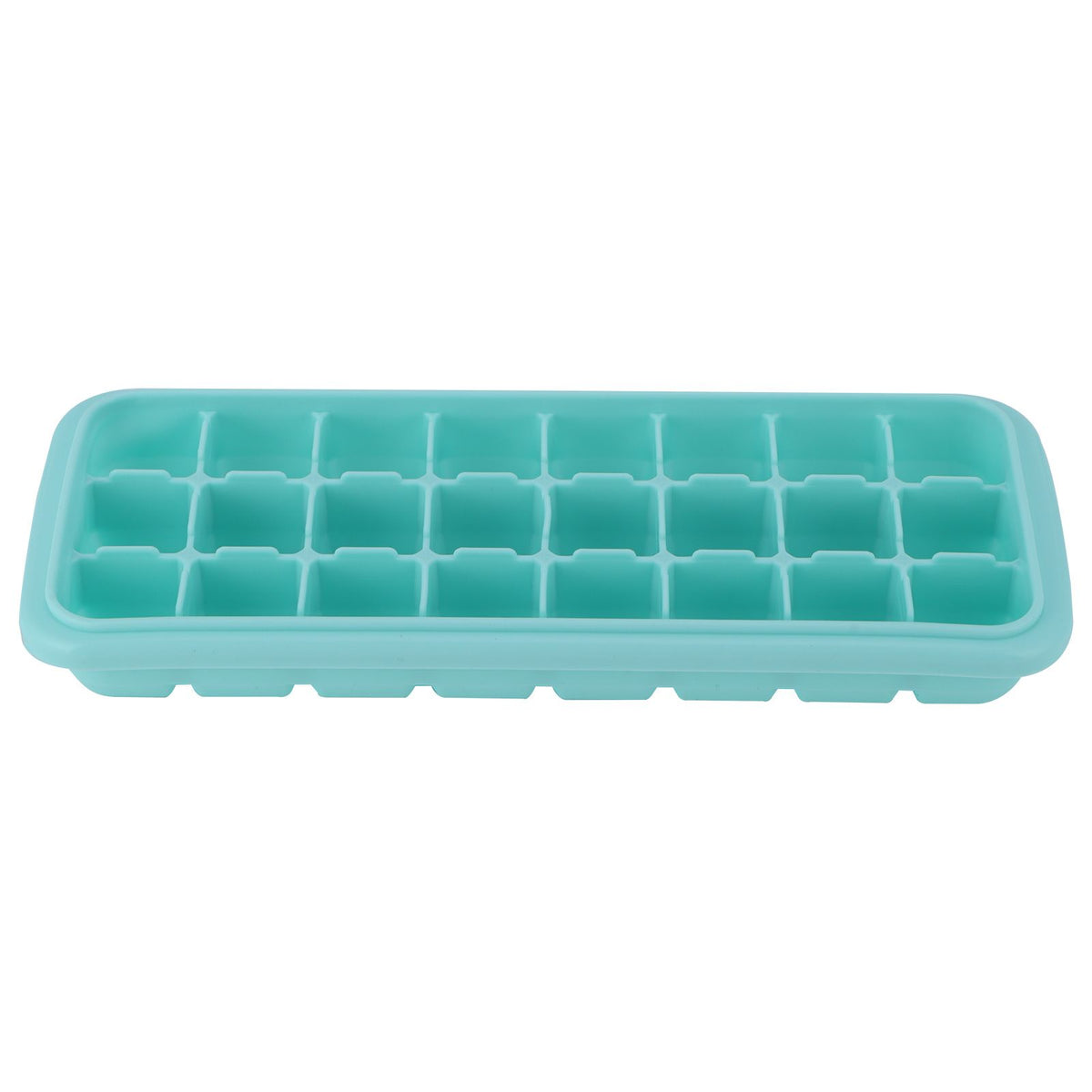 Green silicone ice tray with 24 small cubes and PP lid, designed for home kitchen use, perfect for making ice and pretend play.