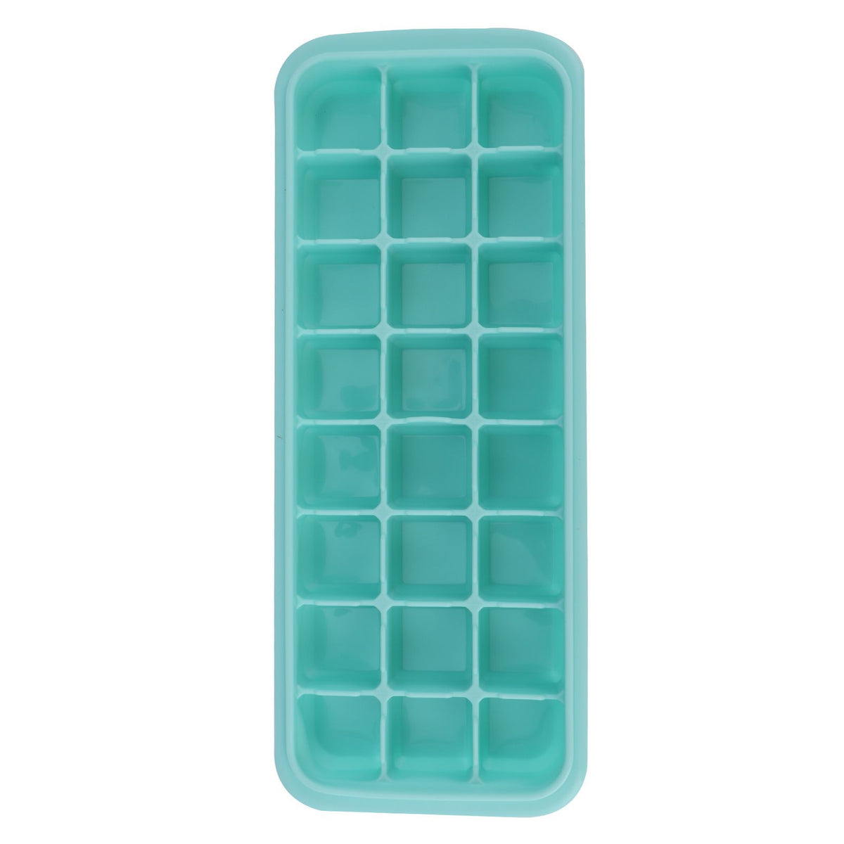 Green silicone ice tray with 24 small cubes and PP lid, suitable for pretend play in baby and kids' toy kitchen set.