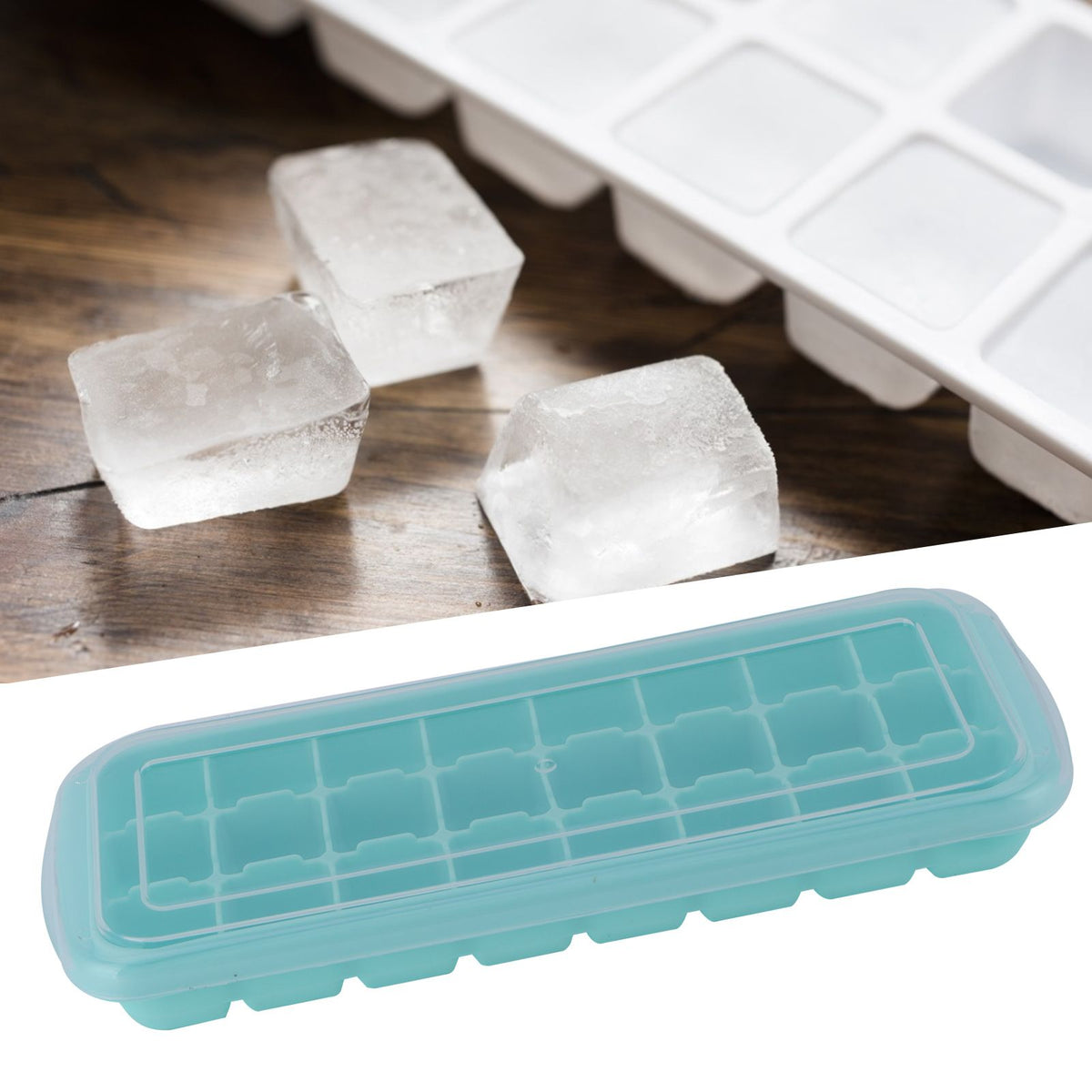 Green silicone ice tray with 24 small cubes and a PP lid, designed for pretend play in baby and kids' toy kitchen activities.
