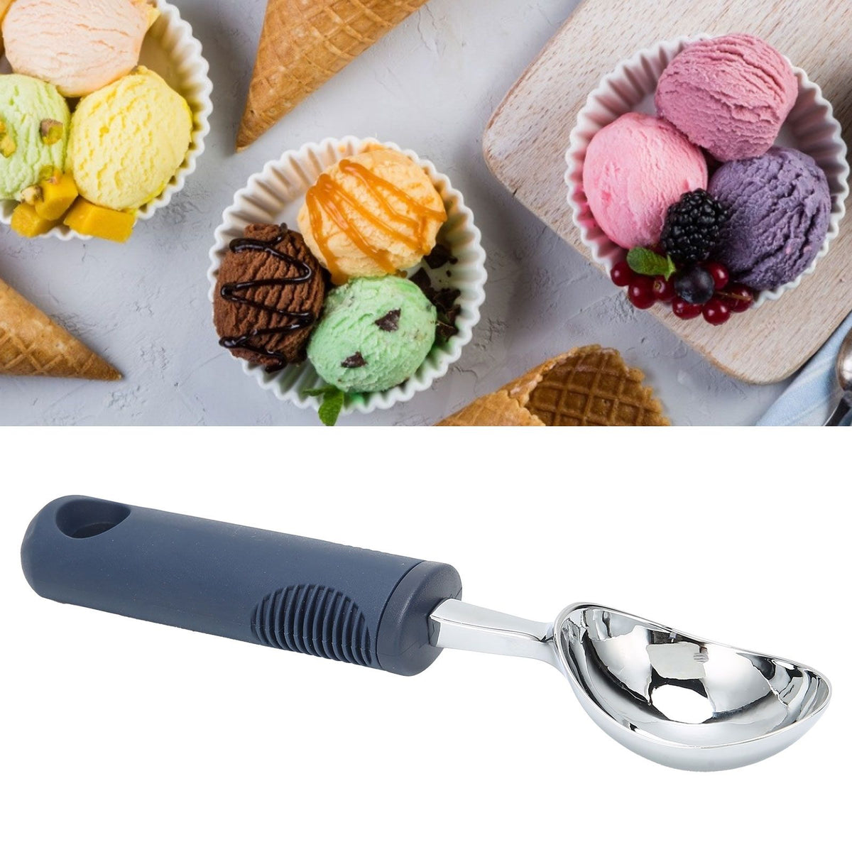 Zinc alloy watermelon baller and ice cream scoop for kitchen use, designed for easy melon and ice cream serving.