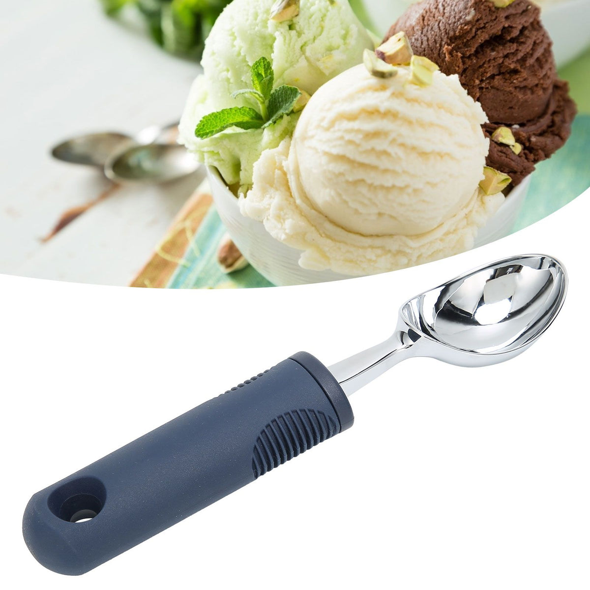 Zinc alloy ice cream scoop and watermelon baller from Everything Baby, ideal for kitchen use and serving baby and kids' desserts.