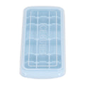 Blue silicone ice tray with lid, rectangular mold for ice cubes, suitable for cake, sushi, and baby feeding applications.