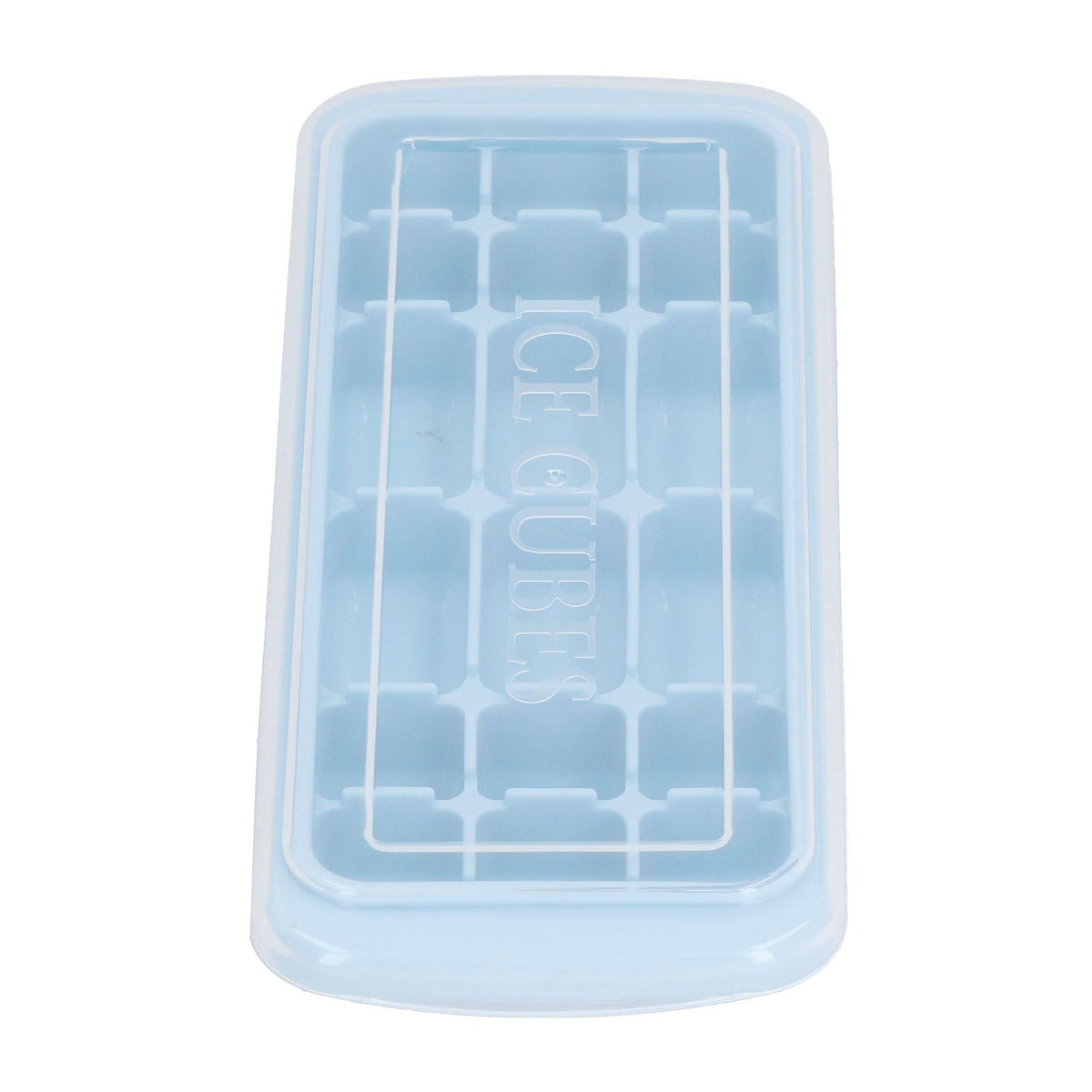 Blue silicone ice tray with lid, rectangular mold for ice cubes, suitable for cake, sushi, and baby feeding applications.