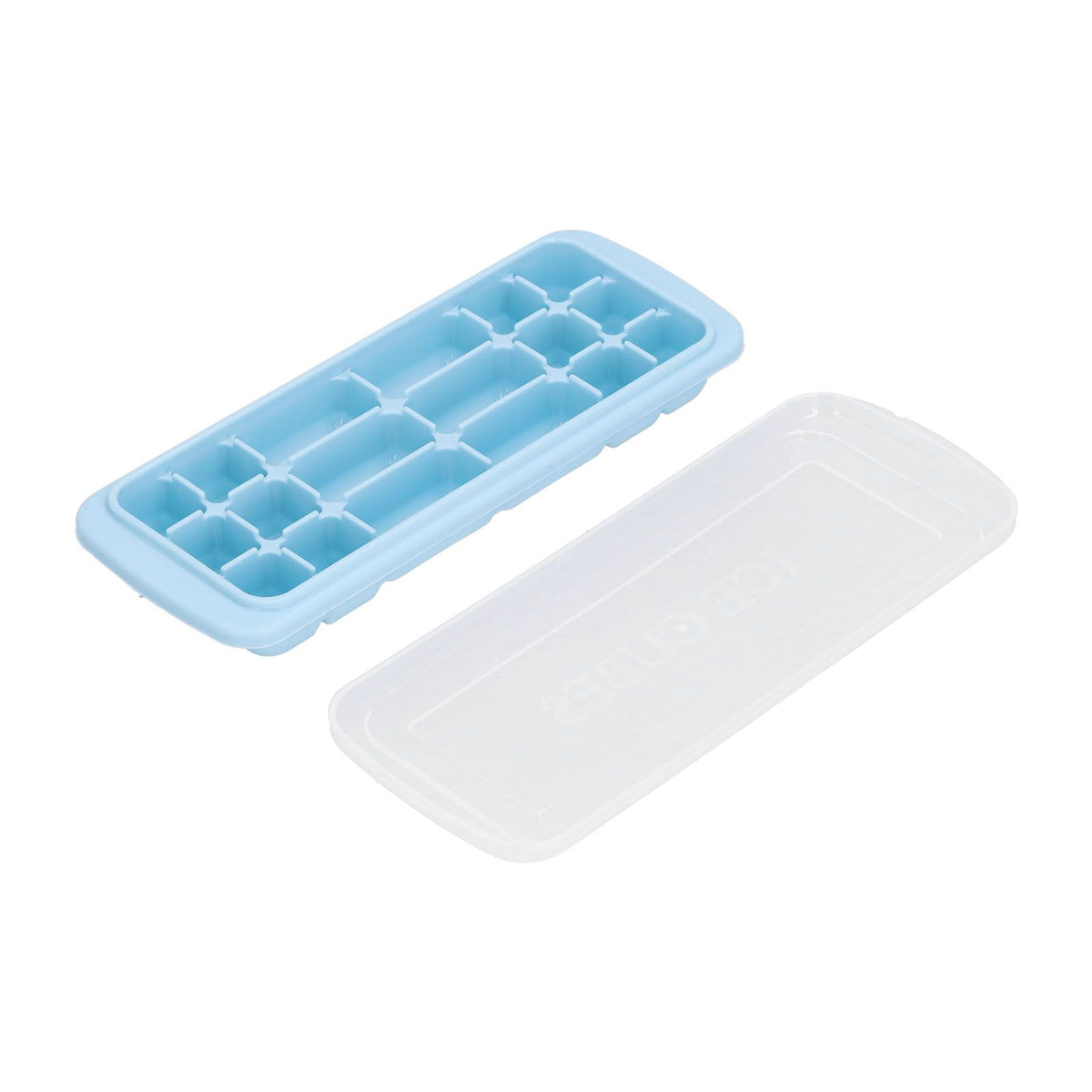 Blue silicone ice tray with lid, rectangular mold for ice cubes, suitable for cake, sushi, and baby feeding prep.