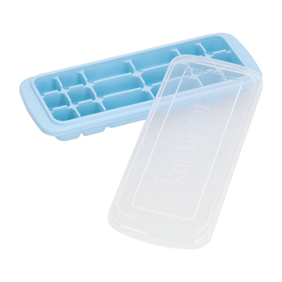 Blue silicone ice tray with lid, rectangular mold for ice cubes, suitable for baby feeding, cake, and sushi preparation.