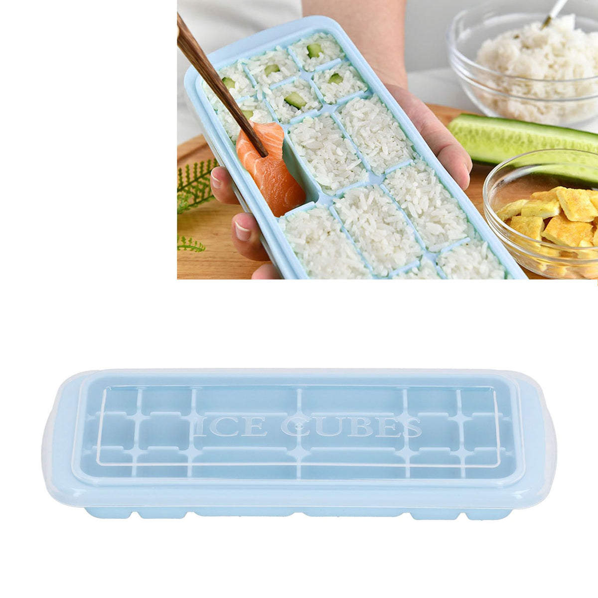 Blue silicone rectangular ice tray with lid, perfect for making ice cubes, cake, or sushi molds for baby and kids feeding.