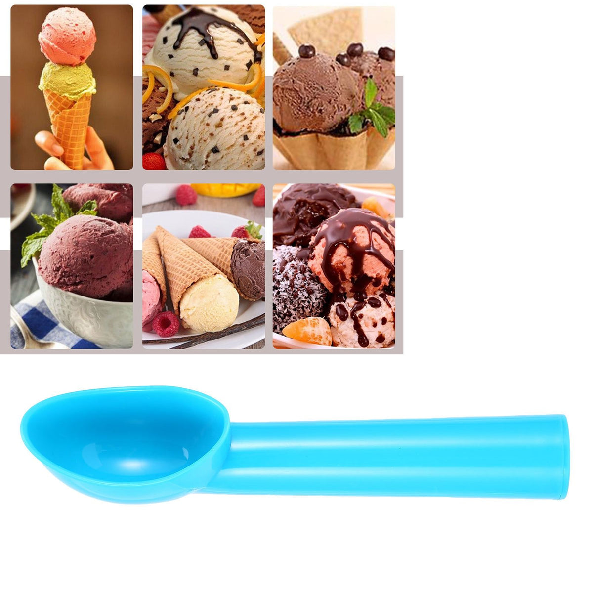 Plastic ice cream scoop and melon baller from Everything Baby, freeze-proof for kitchen use, ideal for serving ice cream and fruits.